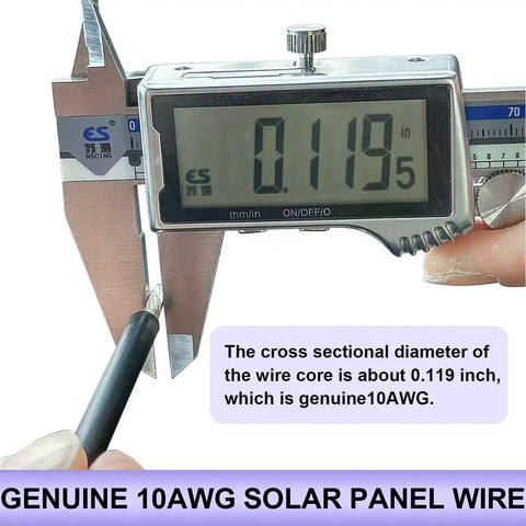 Digital caliper measuring 10AWG wire diameter at 0.119 inch, part of 2x 50ft 10AWG Solar Panel Wire Kit In Black And Red With Tinned Copper Extension Cables Heavy Gauge For Off-Grid Solar Outdoor RV Boat Automotive Delivers Reliable Panel Power.