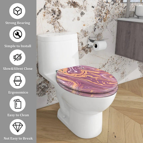 Slow Close Elongated Toilet Seat for Bathroom with colorful marbled design installed on a modern toilet.