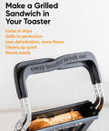 Revolution Toastie Press Fits Any Toaster for grilled cheese, showcasing nonstick clamshell design with sandwich inside.