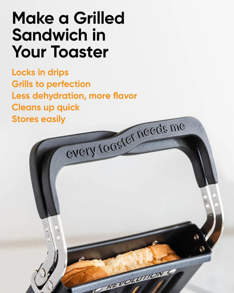 Revolution Toastie Press Fits Any Toaster for grilled cheese, showcasing nonstick clamshell design with sandwich inside.