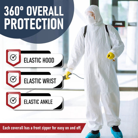 Person wearing a Disposable Hazmat Suit 10 Pack With Hood Heavy Duty Breathable Coverall Painter Suit Medium Size for safety.