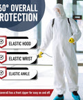 Person wearing Disposable Hazmat Suit 25 Pack With Hood Heavy Duty Breathable PPE Coverall Painter Suit 2X Large for protection
