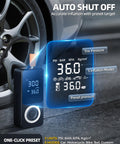 Cordless Tire Inflator Portable Air Pump With Digital Gauge And LED Light showing pressure next to car tire