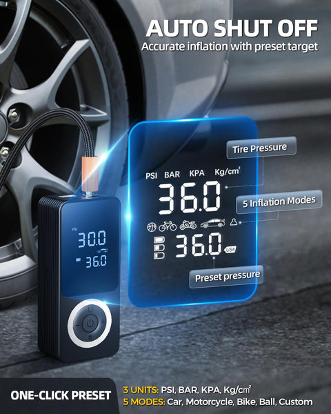 Cordless Tire Inflator Portable Air Pump With Digital Gauge And LED Light showing pressure next to car tire