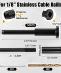 50 Pack Black Cable Railing Kit Deck Ready Setup With Dead Simple Stainless Steel Cables Hidden Mounting Hardware For 2x2 Posts Sleek Turnbuckle Free Rig Ideal For Patios And Fences parts layout with dimensions and fittings for 1/8 inch railing.