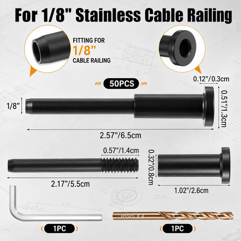 50 Pack Black Cable Railing Kit Deck Ready Setup With Dead Simple Stainless Steel Cables Hidden Mounting Hardware For 2x2 Posts Sleek Turnbuckle Free Rig Ideal For Patios And Fences parts layout with dimensions and fittings for 1/8 inch railing.