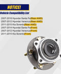 Beefed Up Front And Rear Wheel Bearing And Hub Assembly 513266 For Hyundai Santa Fe Veracruz And Kia Sorento 2007 To 2018 With Five Lug Bolts Without ABS Front And Rear Wheel Hub Replacement For AWD Vehicles image showing product and compatibility list for several models in background.