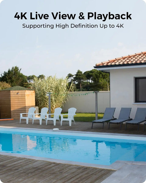 Swimming pool view showcasing 4K Wireless Outdoor Security Camera System With Solar Panel Kit Encrypted Local Storage Color Night Vision AI Detection