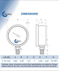Front and side view of CARBO L25-SSL pressure gauge, 2.5-inch dial, bottom 1/4 NPT mount