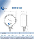 Technical drawing of Glycerin Filled Pressure Gauge 4000 PSI with 2.5 Inch Dial, 1/4 NPT Lower Mount showing dimensions.
