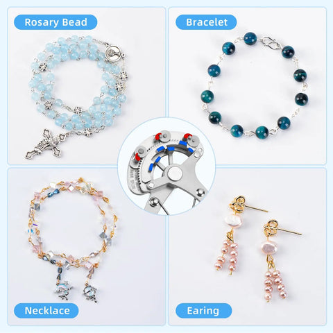 Rosary, bracelet, necklace, and earrings made using One Step Beading Looper Pliers For Jewelry Making With Three Loop Sizes 1.5 mm 2.25 mm And 3 Mm, Fits 24 To 18 Gauge Craft Wire, Left Or Right Hand Friendly Beading Tool Patented.