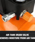 Air tank drain valve detail for Tough As Nails 3 Gallon Portable Air Compressor Oil Free Pump, removes moisture efficiently.