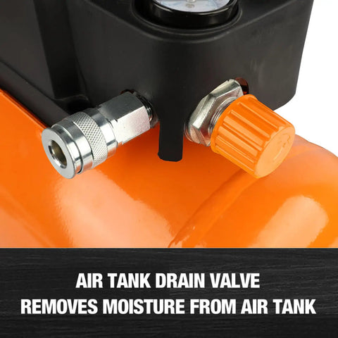 Air tank drain valve detail for Tough As Nails 3 Gallon Portable Air Compressor Oil Free Pump, removes moisture efficiently.