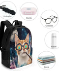 Unisex Laptop Backpack With Big Storage For Work And College Dope Galaxy Space Cat Sunglasses Theme; side view with accessories