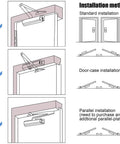 Installation methods for Heavy Duty Aluminum Alloy Hydraulic Door Closer Commercial Grade Self Closing System shown.