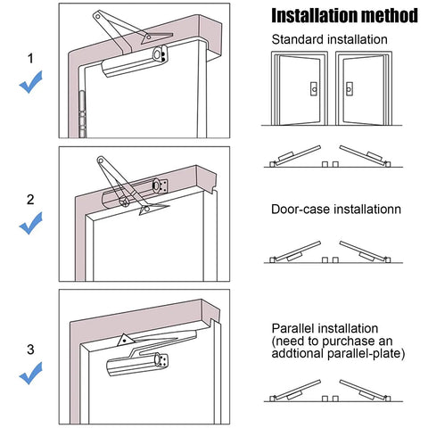 Installation methods for Heavy Duty Aluminum Alloy Hydraulic Door Closer Commercial Grade Self Closing System shown.