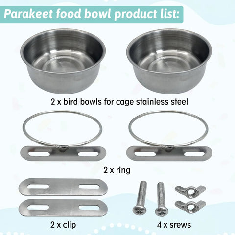 Two stainless steel bird bowls with cage clamp holders; includes mounting rings, plates and screws.