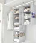 Hella Versatile Hanging Closet Organizers, 10 Pack Convertible Storage Shelves in gray with neatly organized clothes and accessories.
