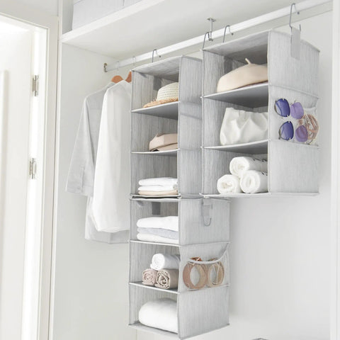 Hella Versatile Hanging Closet Organizers, 10 Pack Convertible Storage Shelves in gray with neatly organized clothes and accessories.