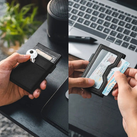 Person holding slim minimalist RFID blocking wallet with ID window and pop-up card holder, showcasing everyday carry essentials.