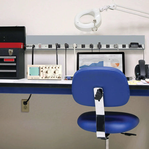 Heavy Duty 12 Outlet Surge Protector Power Strip With 15 Foot Cord, Metal Enclosure, 2400W 120V 20A on a workbench setup