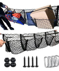 Heavy Duty 110 By 30 Cm Elastic Woven Trunk Cargo Net Secures Your Tesla Cybertruck 2024 with various secured items.