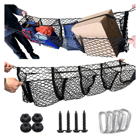Heavy Duty 110 By 30 Cm Elastic Woven Trunk Cargo Net Secures Your Tesla Cybertruck 2024 with various secured items.