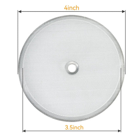 Front view of a stainless steel 4-inch French press filter screen disc with central hole.