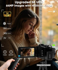 Ultra Dope 5K Video Camcorder capturing a woman indoors, showcasing 8X optical zoom and 64MP photo capabilities