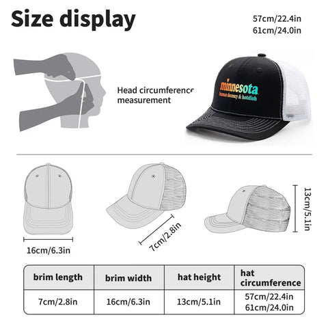 Lightweight Mens Trucker Cap With Adjustable Buckle showing size dimensions and measurements for accurate fit, classic style.