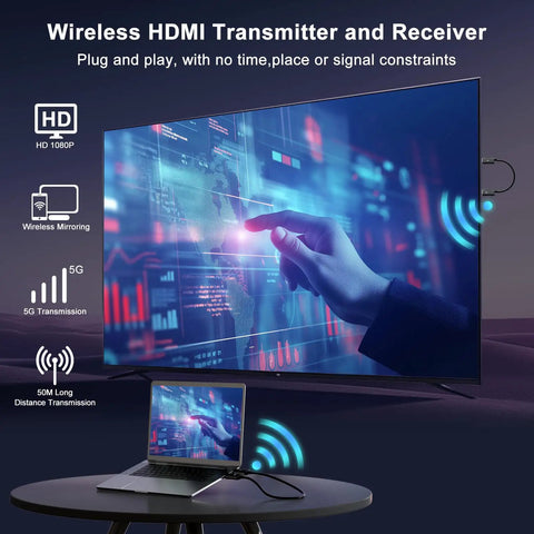 Wireless HDMI Transmitter And Receiver Kit With 4K Decode And 1080P Output streaming from laptop to TV, plug and play.