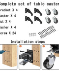 Complete set of Heavy Duty Retractable Workbench Casters Kit With Smooth Rolling Polyurethane Wheels and installation parts.