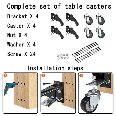 Complete set of Heavy Duty Retractable Workbench Casters Kit With Smooth Rolling Polyurethane Wheels and installation parts.