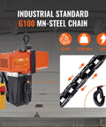 VEVOR electric chain hoist, orange housing with black G100 steel chain and hook, ceiling-mounted with yellow wired remote