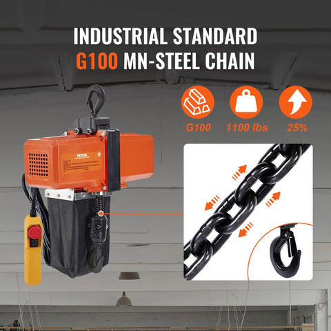 VEVOR electric chain hoist, orange housing with black G100 steel chain and hook, ceiling-mounted with yellow wired remote
