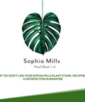 Image of a tropical leaf with the text 'Sophia Mills Plant Stand 8"' and a satisfaction guarantee offer.