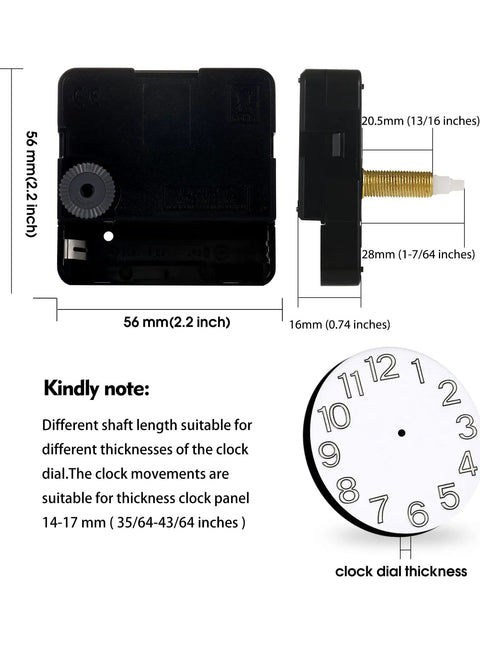Dimensions and components of DIY Clock Repair Kit With 28mm Shaft Quartz Movement High Torque Battery Operated Silent Sweeping Mechanism