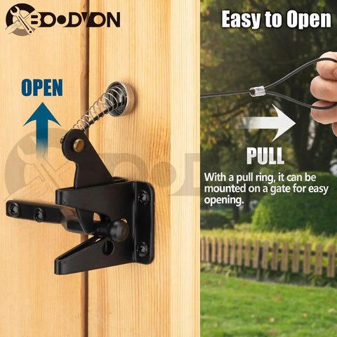 Built Tight Smooth Pull Adjustable Gate Latch Cord With Spring, Heavy Duty Stainless Steel Safety Cable Opener for easy opening on wood gate.