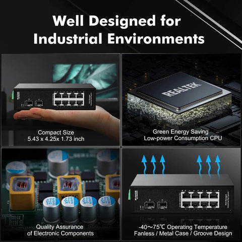 8-Port PoE Gigabit Industrial DIN Rail Switch With 2 SFP Ports, compact size, low-power CPU, electronic components detail