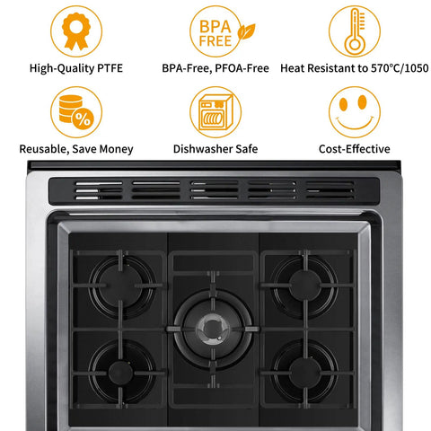Product image of gas range with icons showing features of Three Pack Extra Long 32 Inch Stove Burner Covers For Gas Range Half Millimeter Thick Reusable Nonstick Washable Heat Resistant Protectors Wide Burner Liners For Large Cooktops Cut To Fit Flexible Fit Keeps Stovetop Clean, including heat resistance and nonstick properties.