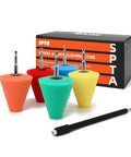 Five Piece Pro Grade Car Polishing Cone Kit For Your Drill with colorful cones and black attachment in front of packaging