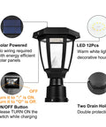 Diagram of Solar Post Light Outdoor Garden Lamp with pier mount base, showing solar panel, LED lights, and drain holes.