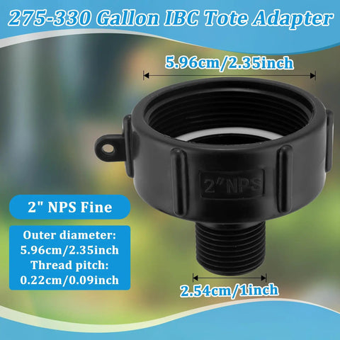 Durable 250 Gallon IBC Tote Water Hose Adapter With 2 Inch Fine Thread To Three Quarter Inch Male Garden Hose Fittings IBC Drain Adapter For Easy Water Transfer And Garden Setup, black plastic 2" NPS fine thread