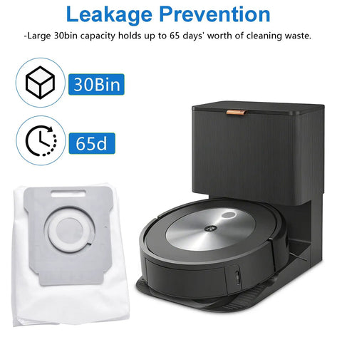 18 Pack Vacuum Bags For Roomba Series Fit I7 I7 Plus I3 I3 Plus I4 I4 Plus I6 I6 Plus I8 I8 Plus I1 I1 Plus J7 J7 Plus S9 S9 Plus With Automatic Dirt Disposal Compatibility And Upgraded Sealing For Cleaner Longer Lasting Vacuum Performance, showing vacuum and bag with 30-bin capacity label