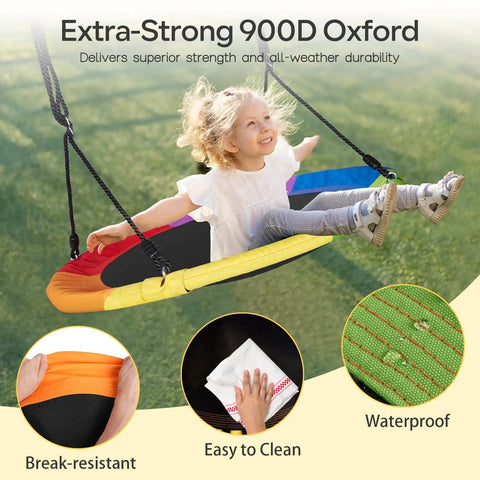 Child on 40 Inch Saucer Swing For Kids And Adults, Heavy Duty 700 Lbs Capacity, 900D Oxford Fabric, 360 Degree Spin Disc Swing