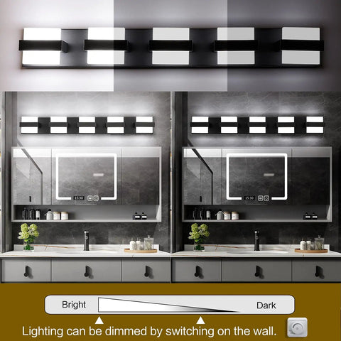 Sleek Black 5 Light Vanity Bar Over Mirror LED Bathroom Light 34 Inch Dimmable White Glow Modern Bath Fixture Easy 15 Minute Install