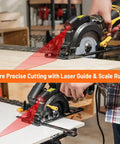 5.5 Inch Mini Circular Saw With Laser Guide And Auxiliary Handle 6.5 Amp Copper Motor in action, cutting wood with precision.