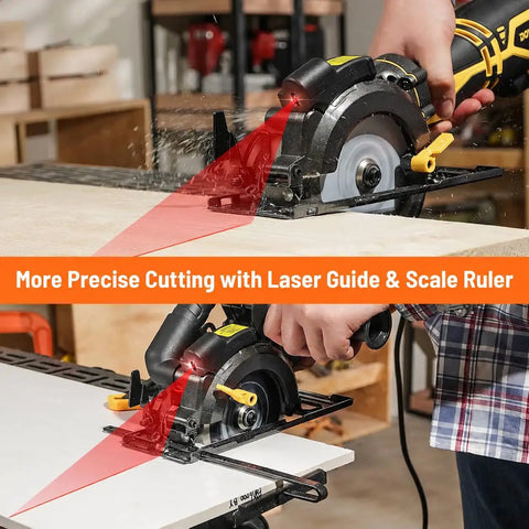 5.5 Inch Mini Circular Saw With Laser Guide And Auxiliary Handle 6.5 Amp Copper Motor in action, cutting wood with precision.