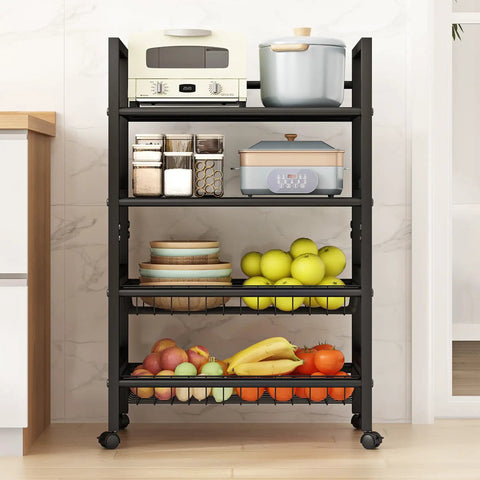 Rolling Metal Storage Cart With Removable Grid Basket And Locking Wheels For Kitchen Pantry And Home Organization A Real Workhorse Four Tier Mobile Organizer That Keeps Dishes Groceries Or Tools Neatly In Reach featuring cookware and fruits.