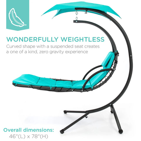 Outdoor Hanging Curved Steel Chaise Lounge Chair Swing With Built In Pillow And Removable UV Resistant Canopy Teal for comfort